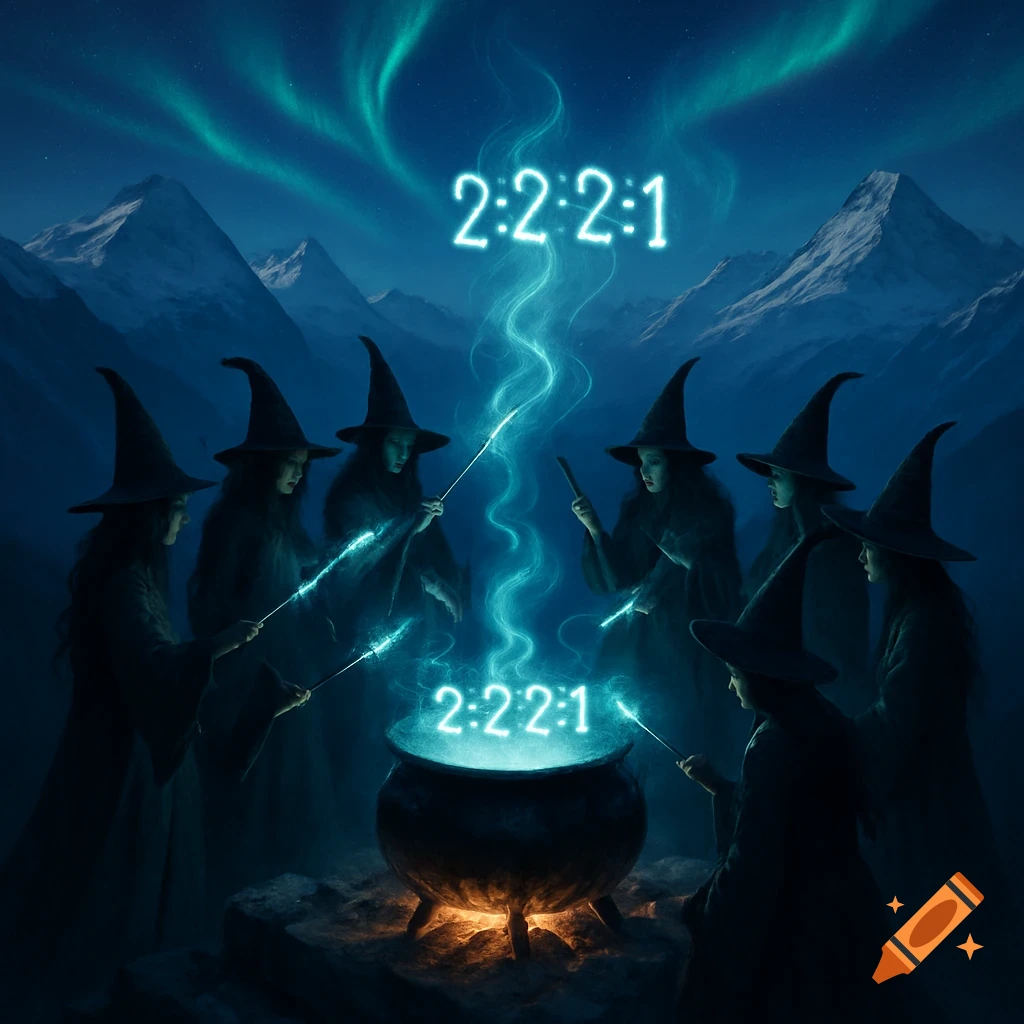 Seven witches in pointed hats cast a glowing blue spell with staffs from a cauldron, revealing '2:2:2:1' in a snowy mountain landscape under an aurora.