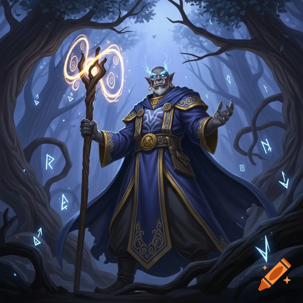 A grey-skinned half-orc wizard in a blue robe holding a glowing staff stands in a dark magical forest with glowing runes.