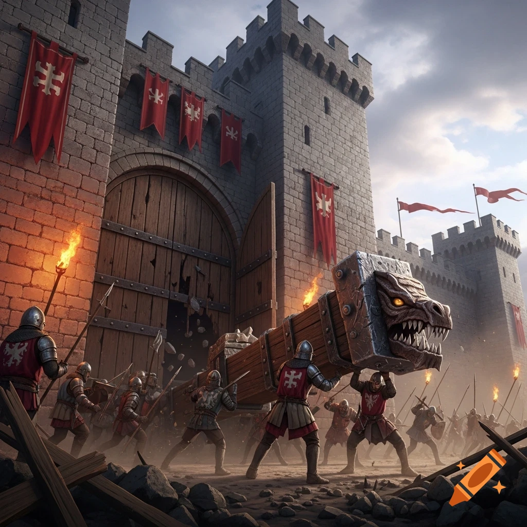 A medieval army uses a dragon-headed battering ram to smash open a fortified castle gate under a cloudy sky.
