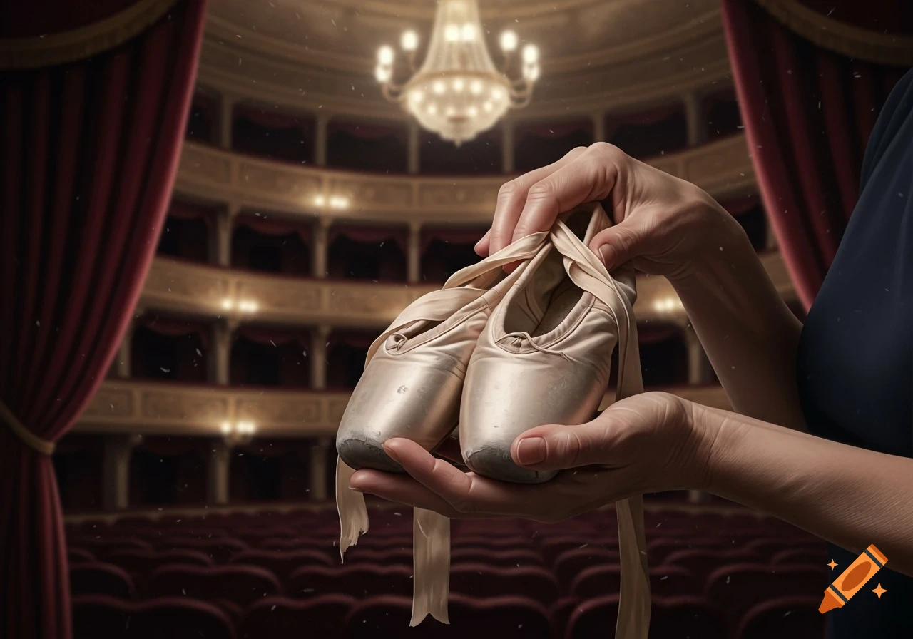 Close-up of hands holding worn ballet shoes in a vintage theatre, with red curtains and a chandelier visible.