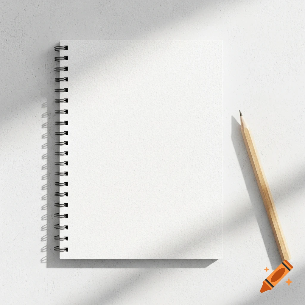 A blank white spiral notebook and a wooden pencil on a textured white surface, with soft light and shadow.