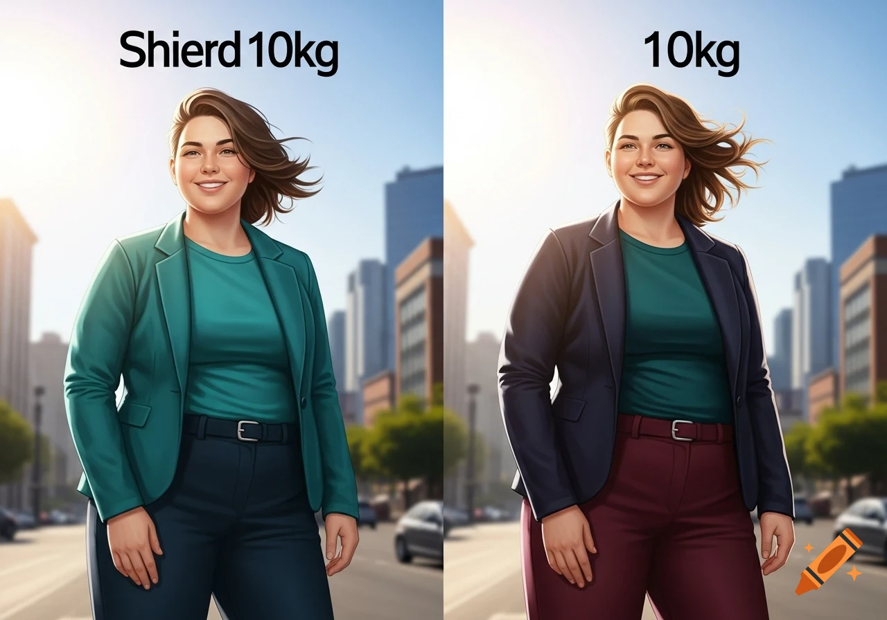A split image of two stylized illustrations of a smiling woman in business casual attire in a city. The left text says 'Shierd 10kg', the right says '10kg'.