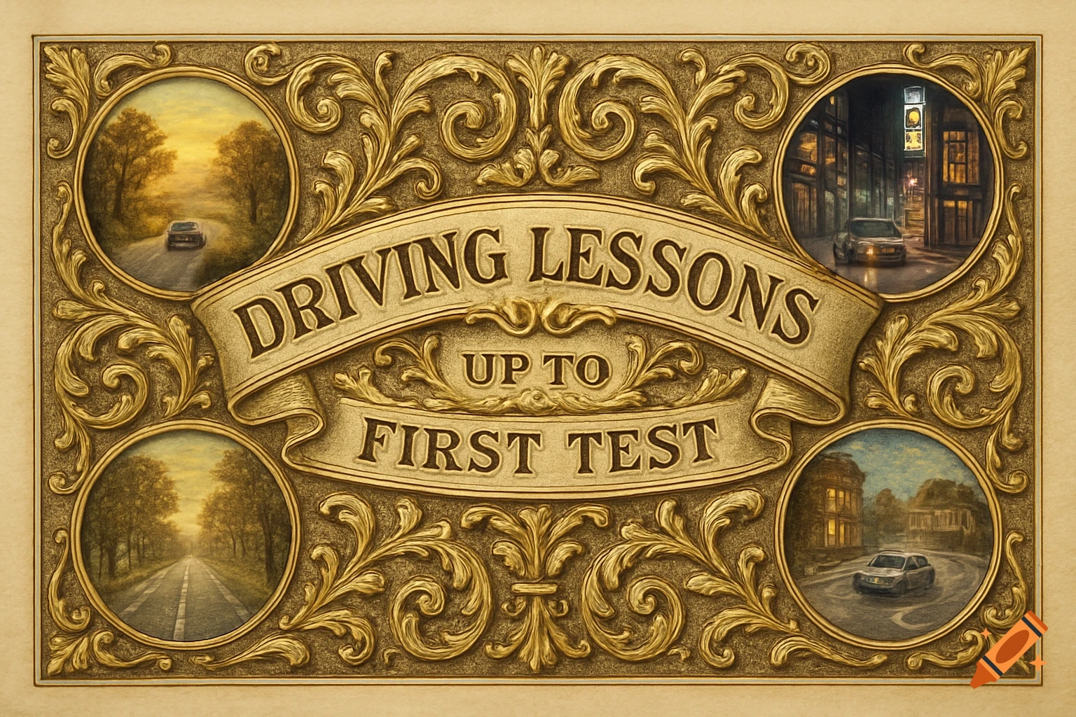 An ornate engraved voucher for driving lessons, featuring a central banner with text and four circular vignettes of cars on roads.