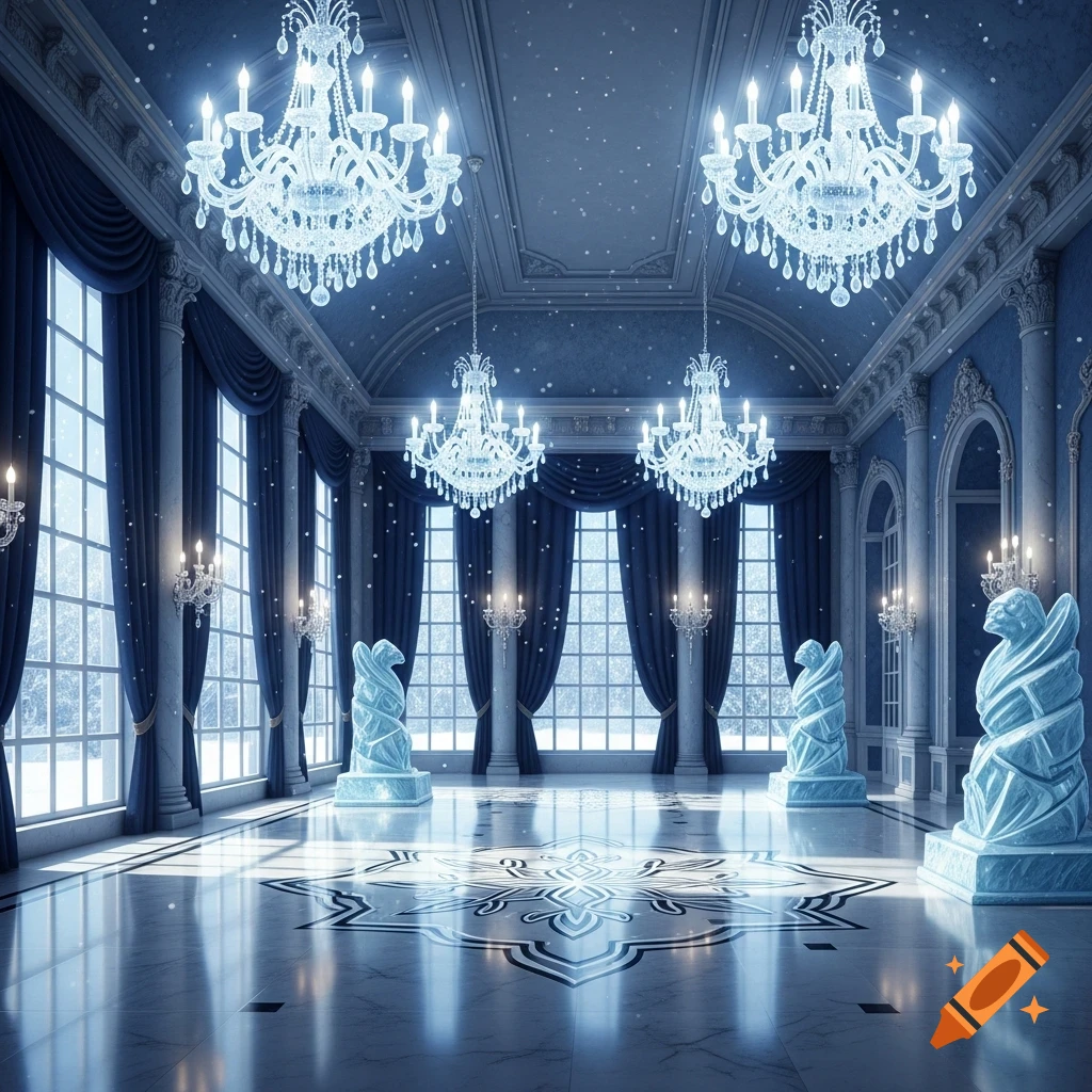 A grand blue and white ballroom decorated for a winter ball, featuring ornate chandeliers, large windows, and ice sculptures.