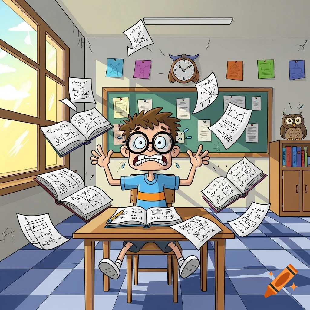 Cartoon boy in glasses overwhelmed by flying math papers and books in a classroom.