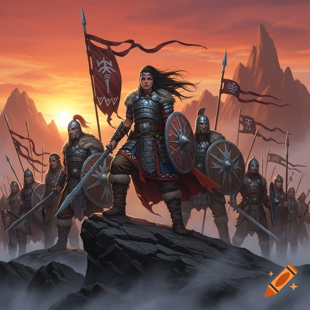 A powerful female warrior in armor stands on a rock, leading her clan of armored soldiers against a dramatic sunset.