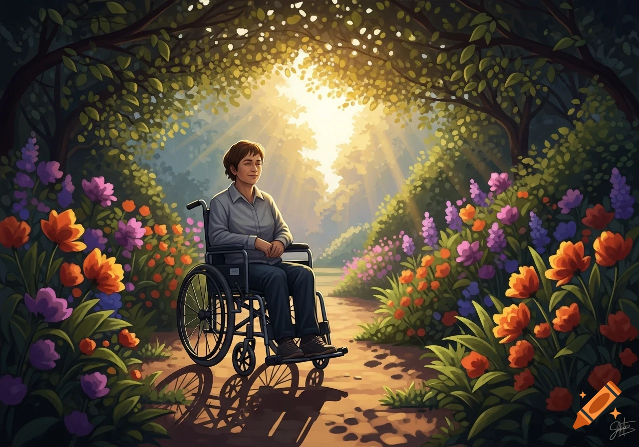 An illustration of a person in a wheelchair on a sunny path through a vibrant garden with colorful flowers and trees.