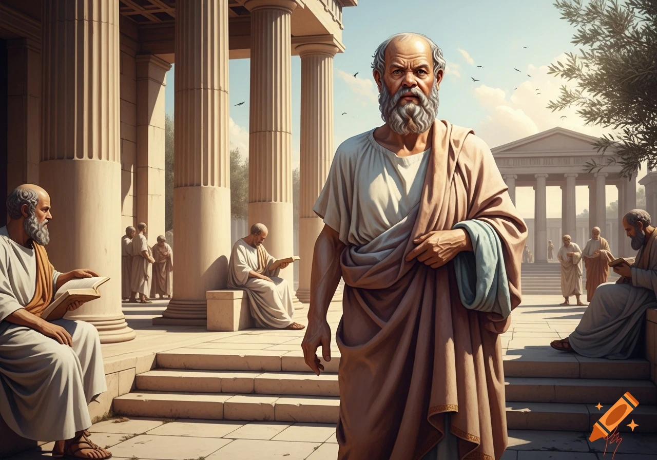 Photorealistic image of a bearded man in a toga resembling Socrates standing in an ancient Greek temple with other scholars.