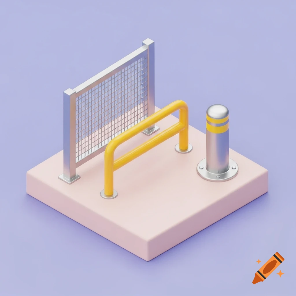 Isometric cute 3D icon of industrial safety guarding with a mesh fence, yellow guard rail, and safety bollard on a pastel base.