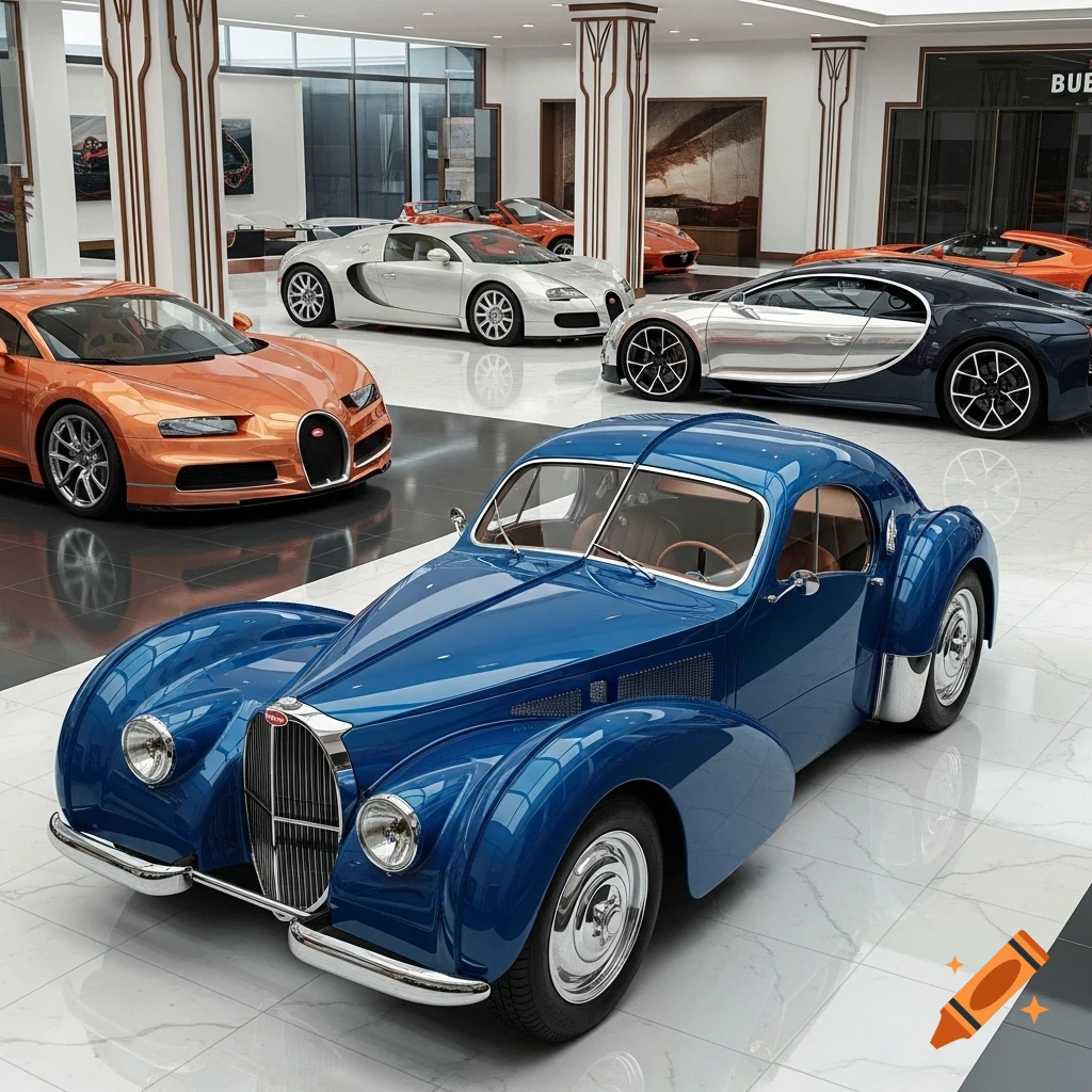 A blue classic Bugatti Type 57 SC Atlantic and several modern Bugatti supercars in a luxurious showroom.