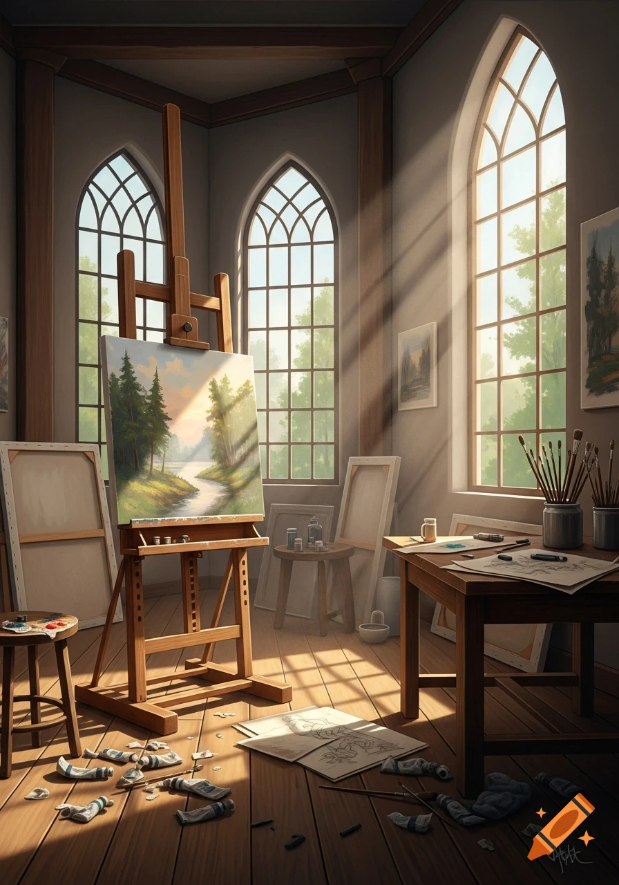 An artist's studio with an easel holding a landscape painting, art supplies, and canvases, bathed in sunlight from arched windows.