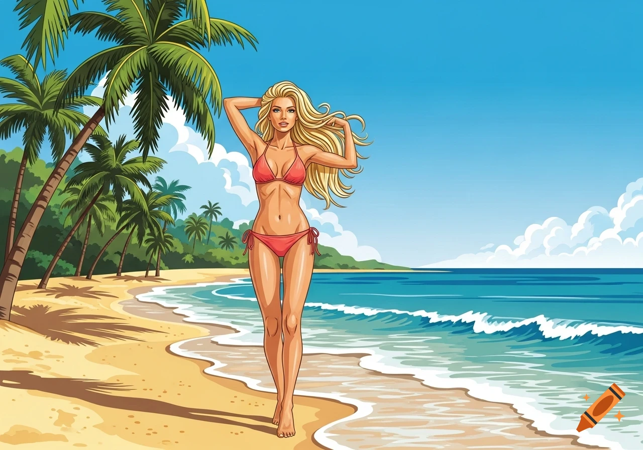 An illustration of a blonde woman in a red bikini walking on a tropical beach with palm trees and ocean.