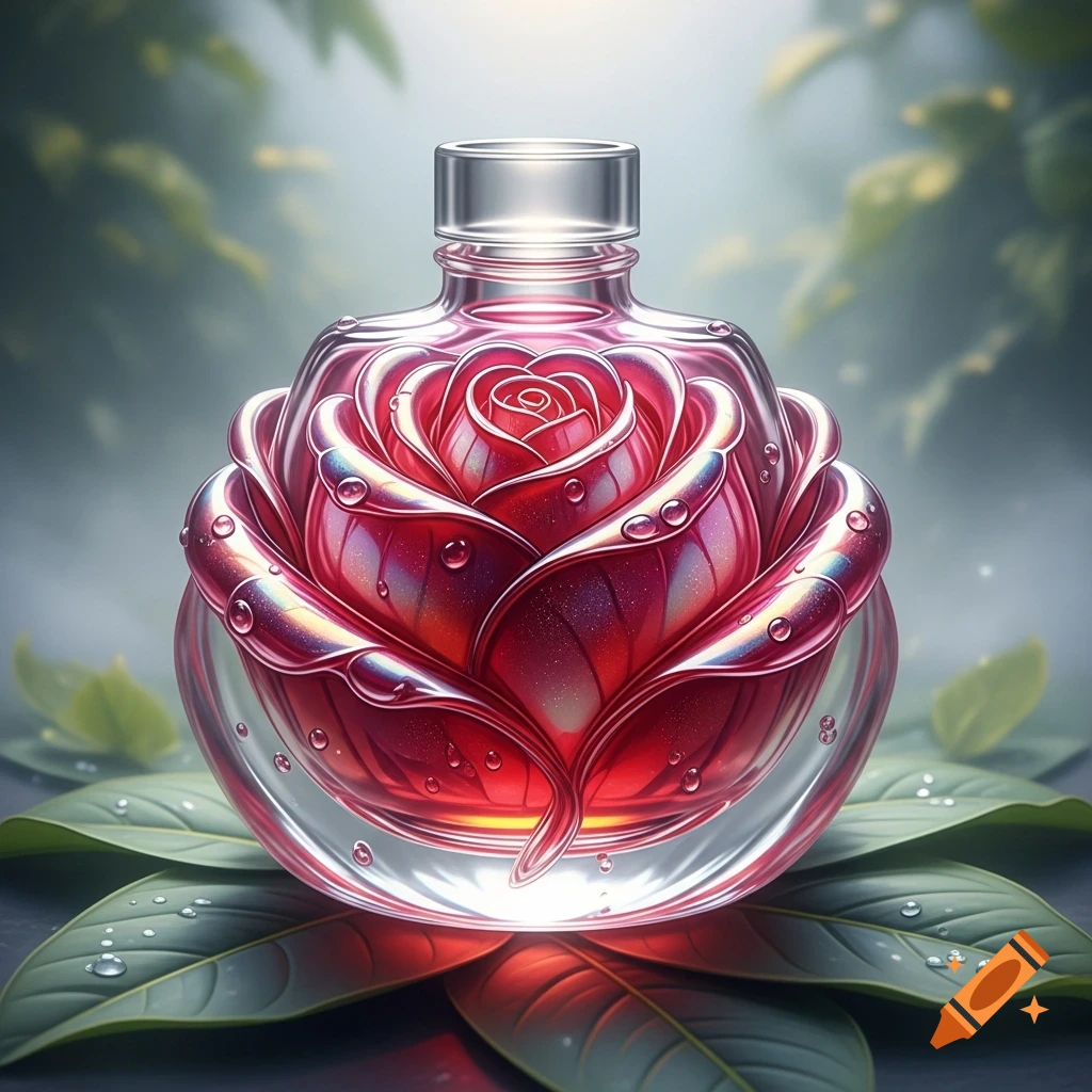 A beautifully crafted glass bottle shaped like a red rose with a silver cap sits on green leaves with water droplets in a soft, misty background.