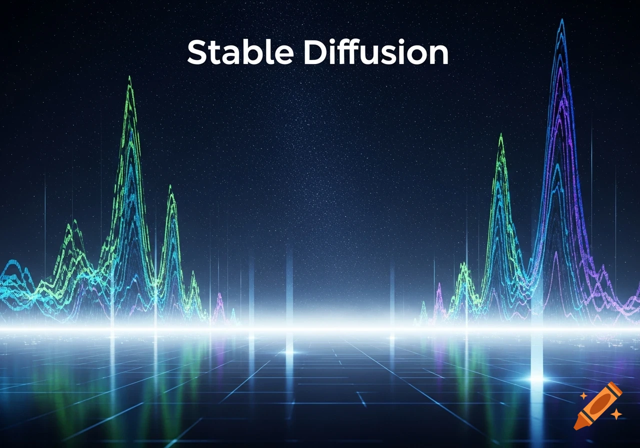 Text 'Stable Diffusion' above a dark, futuristic scene with vibrant, glowing data visualizations reflecting on a grid floor.