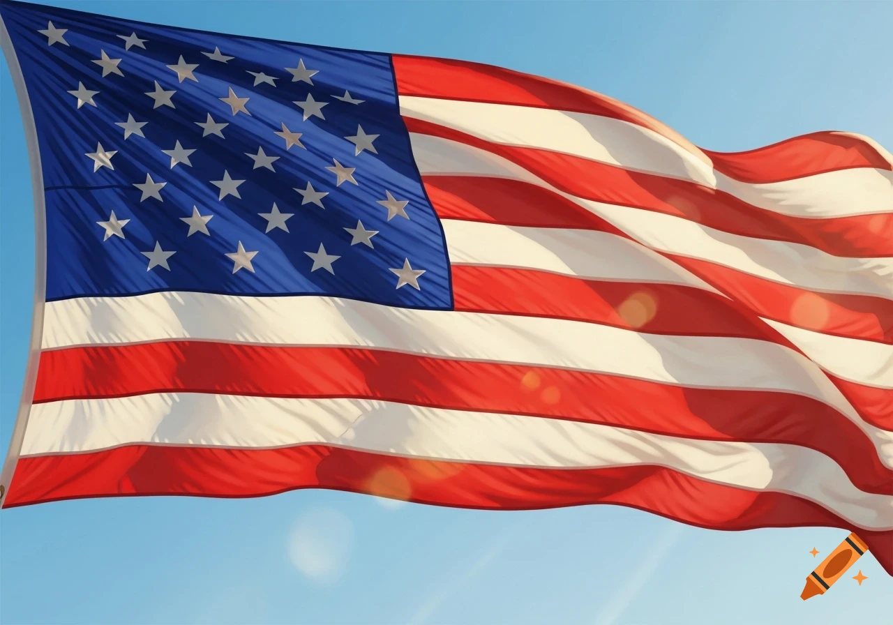 A photorealistic American flag waves dynamically against a bright blue sky, illuminated by sunlight.