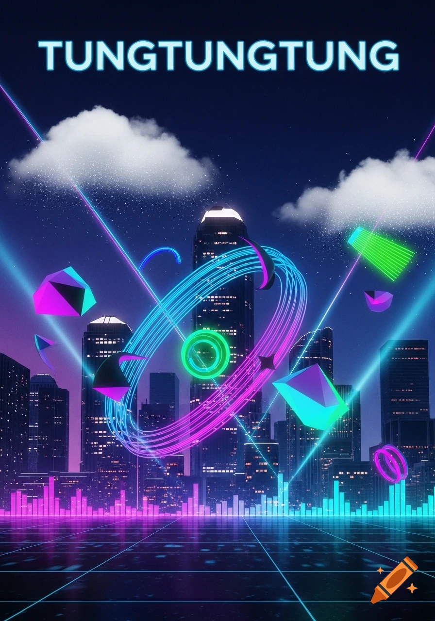 Neon-lit synthwave cityscape with towering skyscrapers, glowing equalizer bars, geometric shapes, and "TUNGTUNGTUNG" text.