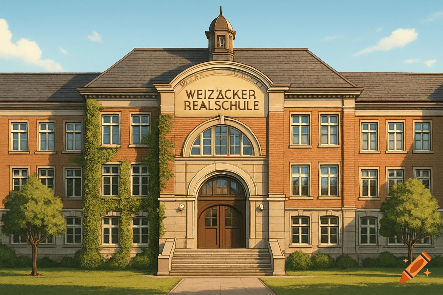 A traditional brick school building with 'WEIZÄCKER REALSCHULE' above the entrance, green ivy, and trees on a sunny day.