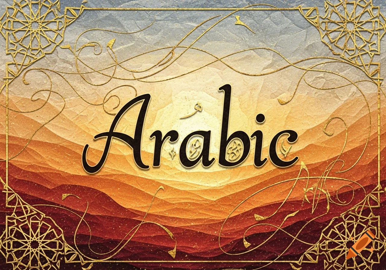 The word 'Arabic' in decorative script, centered on an abstract, textured background with warm, earthy tones and intricate golden Islamic geometric patterns in the corners.