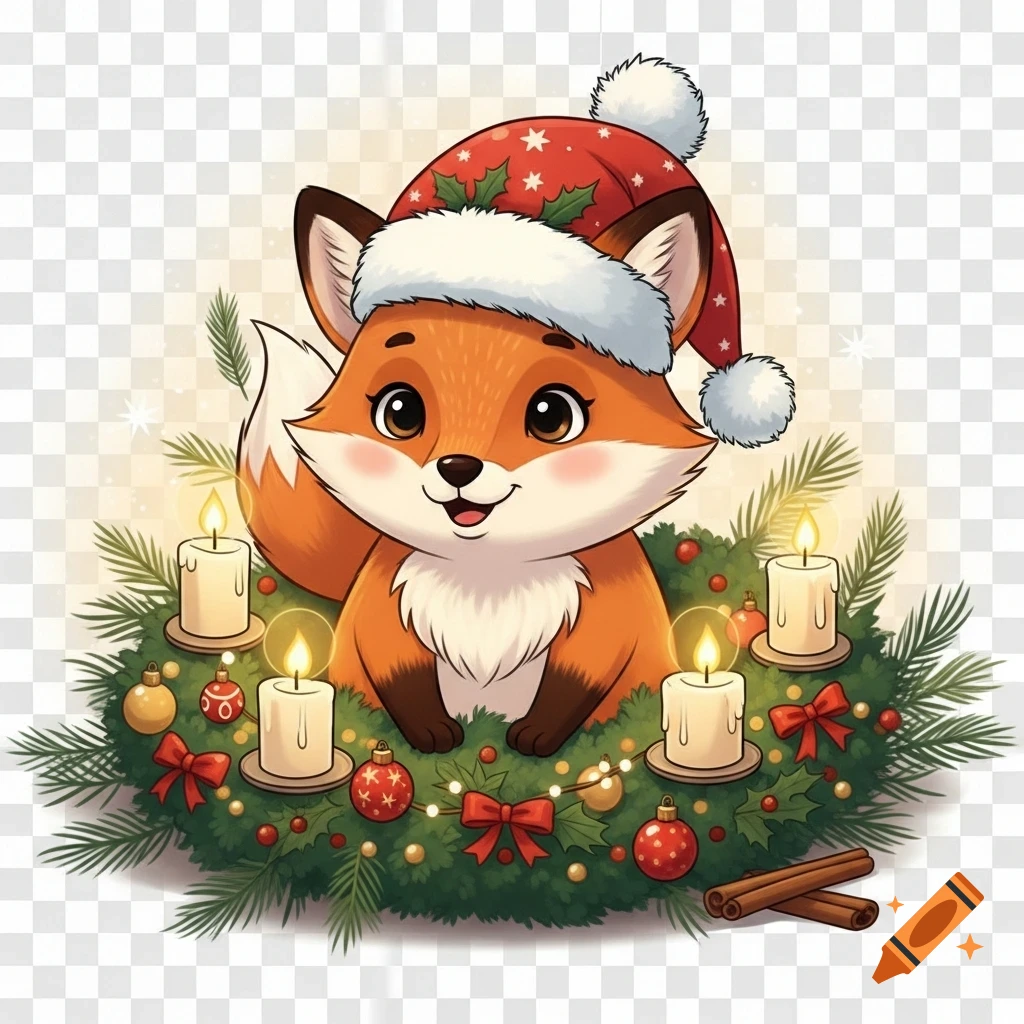 A cute cartoon fox wearing a Santa hat, sitting in a festive Advent wreath with four lit candles, red bows, and ornaments.