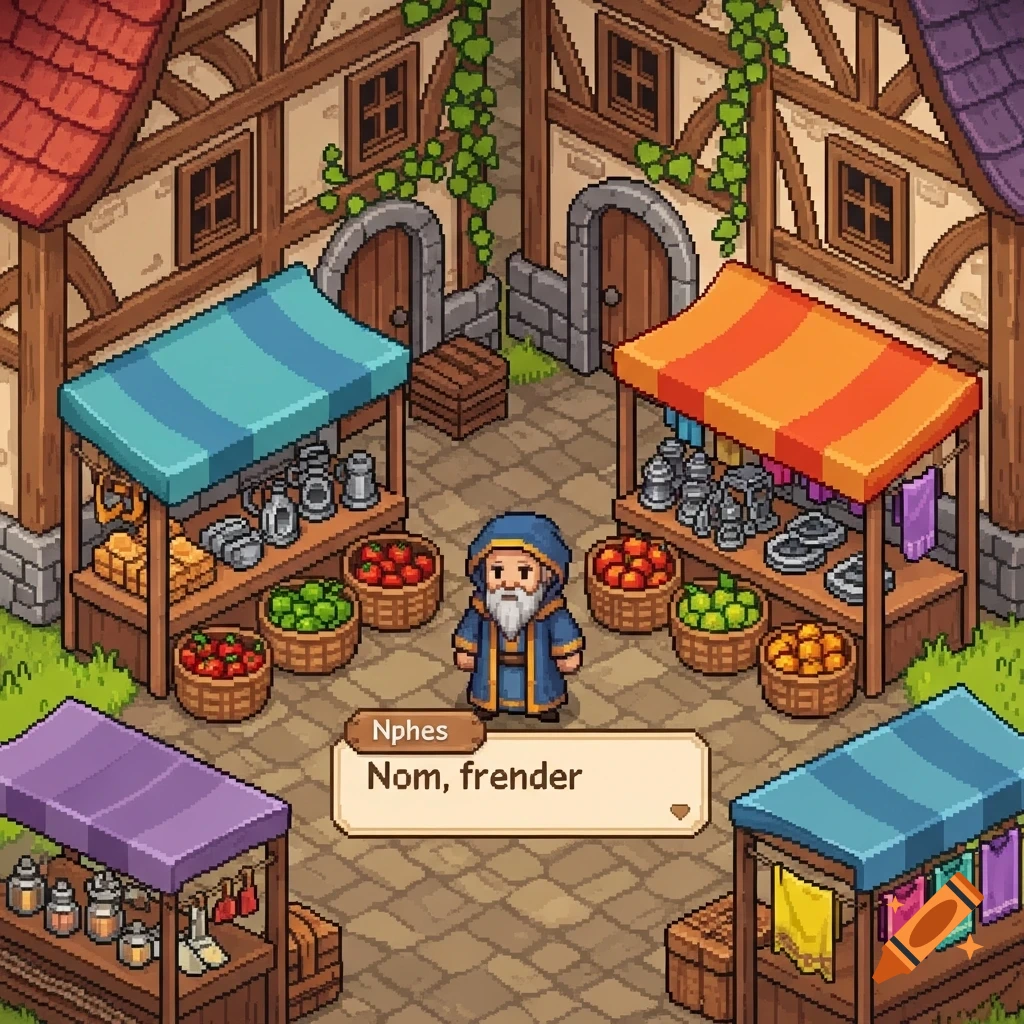 Pixel art scene of a wizard NPC standing in a bustling medieval marketplace with various vendor stalls and buildings, speaking 'Nom, frender'.