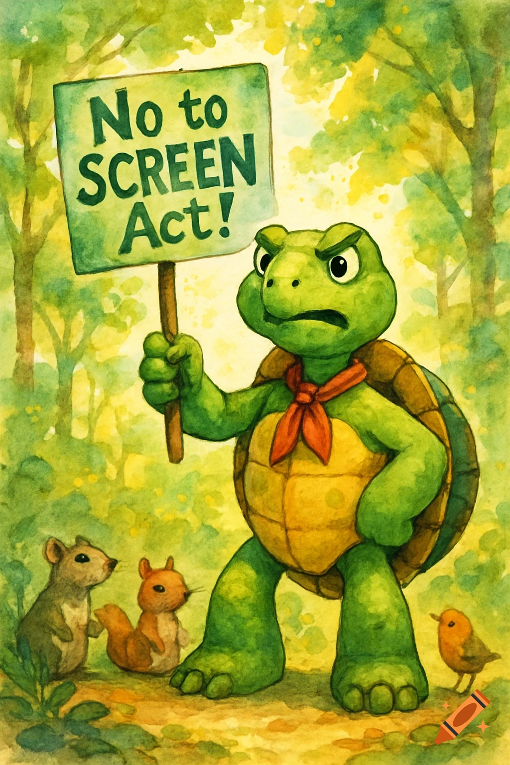 A determined Franklin the Turtle holding a 'No to SCREEN Act!' sign, surrounded by a mouse, squirrel, and bird in a watercolor forest.