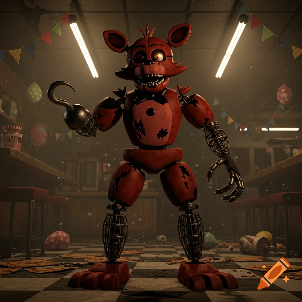 Foxy the pirate animatronic fox from Five Nights at Freddy's stands in a dimly lit, rundown party room with a hook hand and exposed endoskeleton.