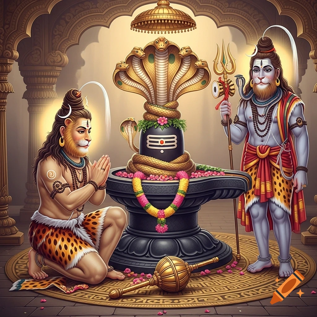 Digital painting of two lion-faced deities in a temple, one kneeling in prayer before a Shiva Lingam, the other standing with a trident.