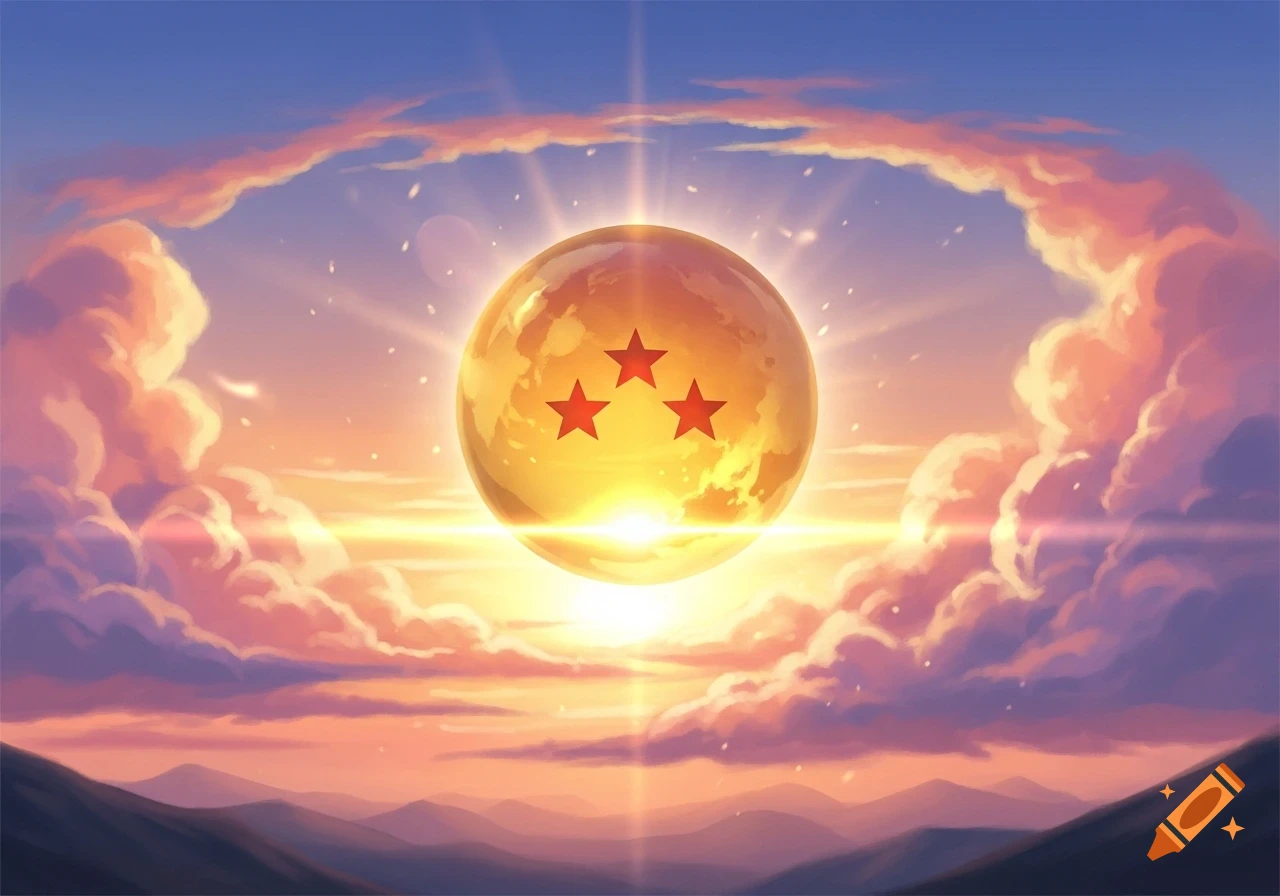 A glowing orange Dragon Ball with three red stars floats in a vibrant sunset sky above silhouetted mountains, surrounded by soft clouds.