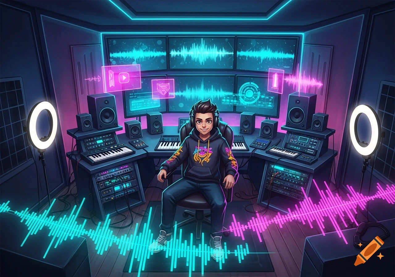A cartoon boy in headphones smiles while sitting in a futuristic recording studio, surrounded by synthesizers, speakers, and glowing screens with waveforms.