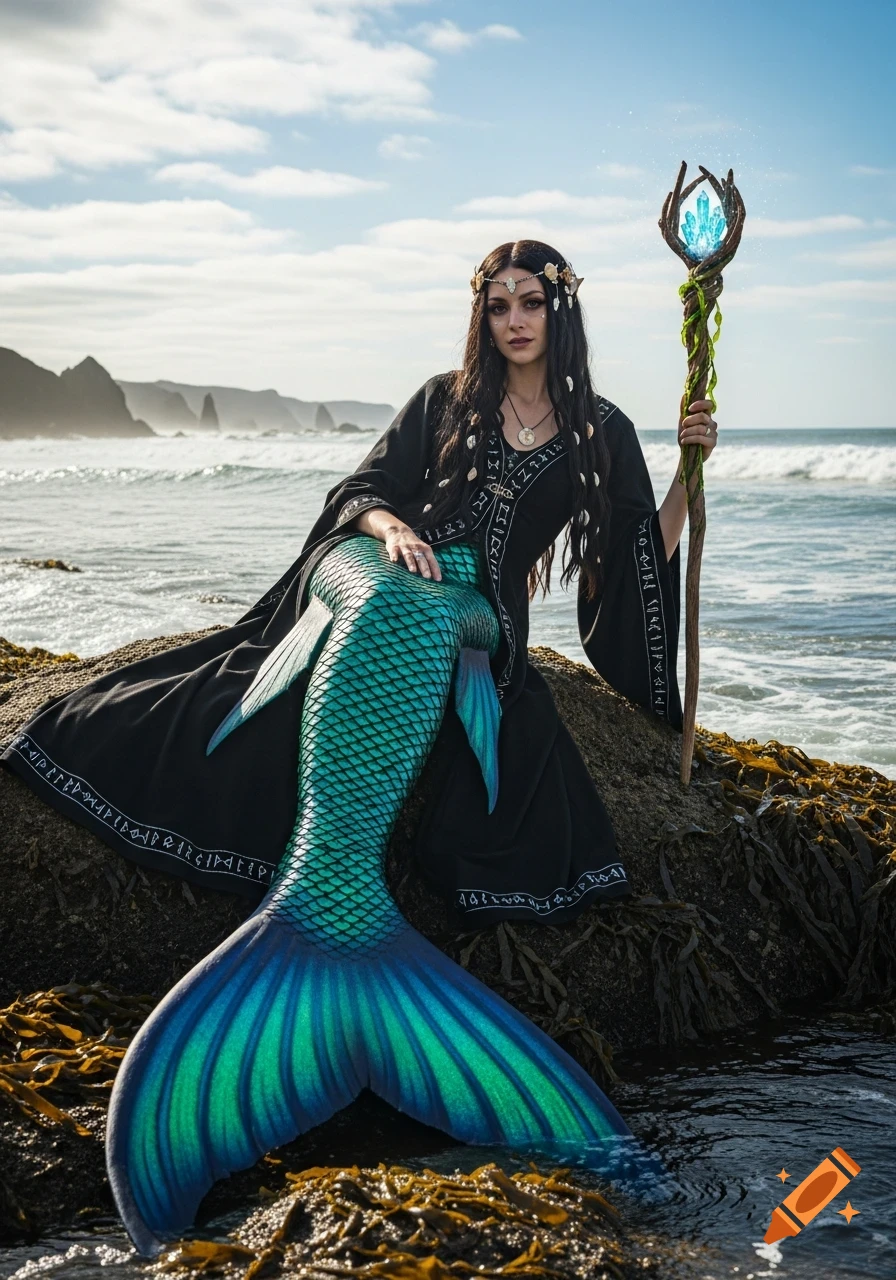 A witch mermaid with a green and blue tail sits on a rocky shore, holding a magical staff with a glowing blue crystal. Photorealistic.