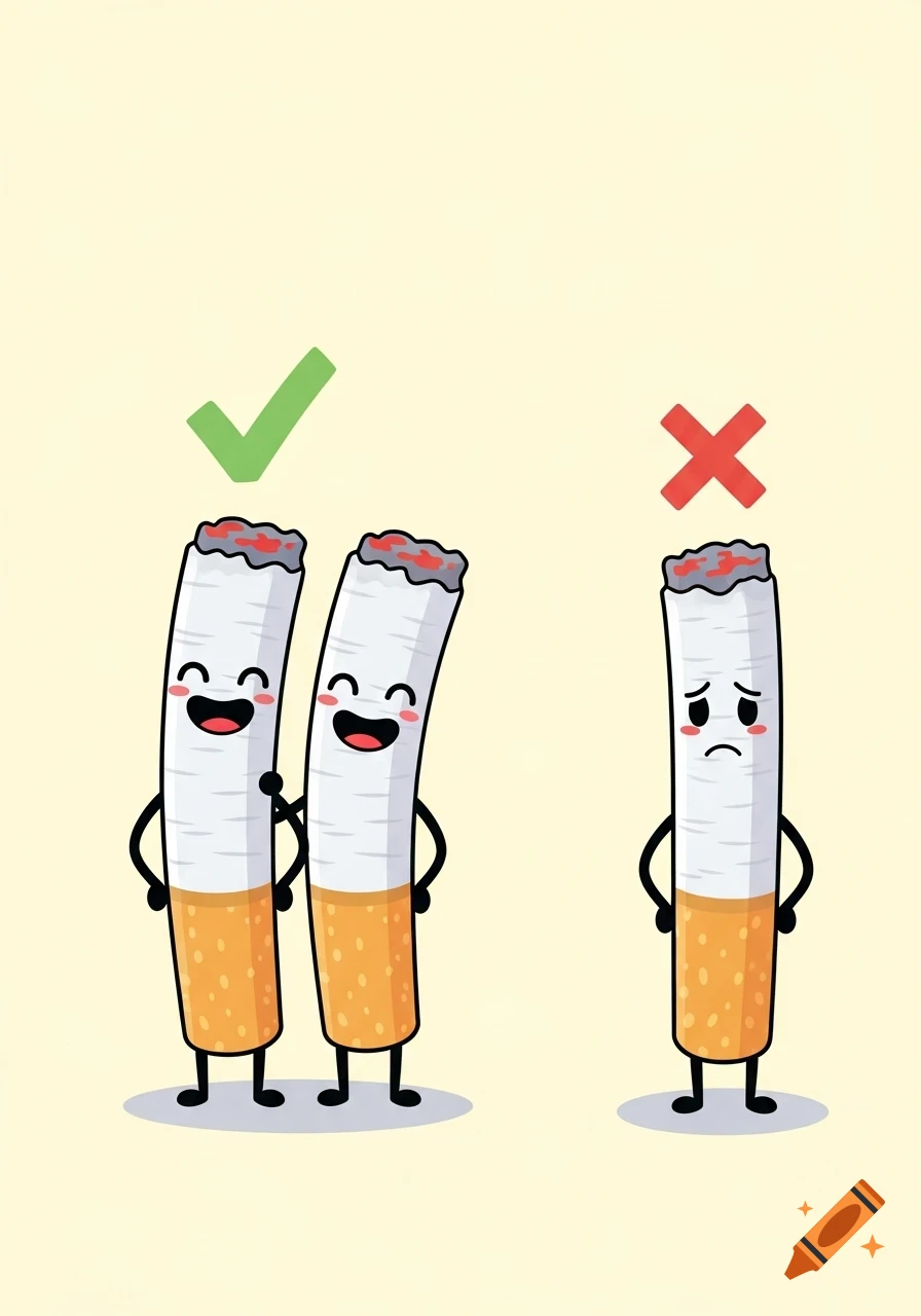 Two happy cartoon cigarettes with arms and legs stand together under a green checkmark, while a sad single cartoon cigarette stands alone under a red X.