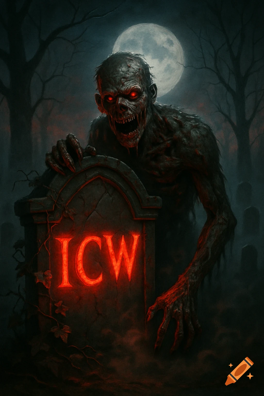 A creepy zombie with glowing red eyes emerges from behind a tombstone marked 'ICW' in a dark graveyard under a full moon.