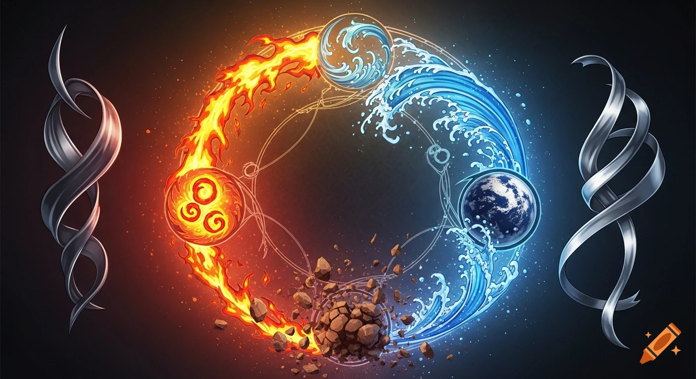 A stylized circular arrangement of four elemental spheres: fire, water, earth, and air/wind, with two twisting metal ribbons on the sides, in a vibrant anime style.