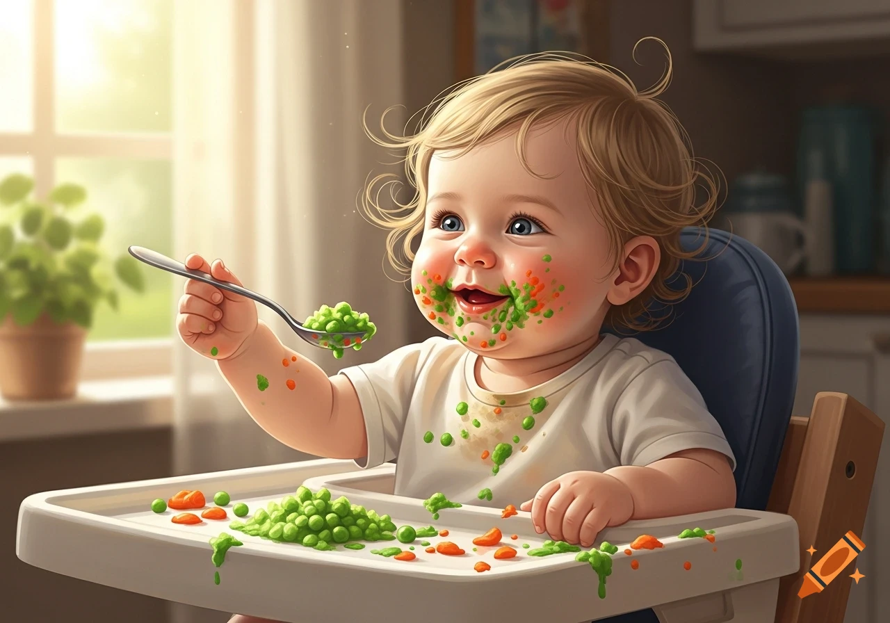 A happy baby with blonde curly hair in a high chair, covered in green peas and orange food, holding a spoon with peas.