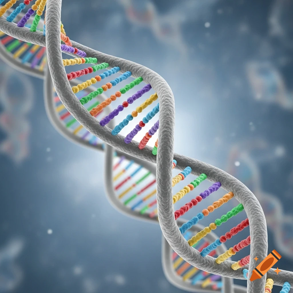 A detailed 3D rendering of a colorful DNA double helix with a gray backbone against a blurred blue background.