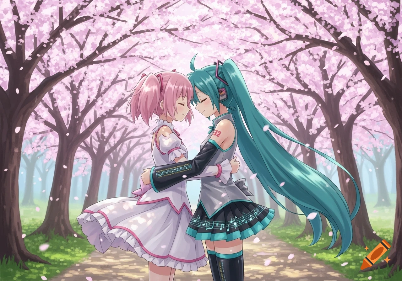 Anime girls Madoka and Miku hug on a path lined with pink cherry blossom trees.