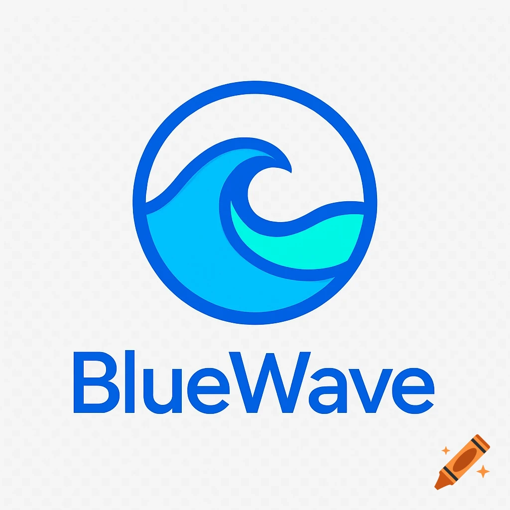 Minimalist modern logo featuring a blue wave inside a circle, with "BlueWave" text below on a transparent background.