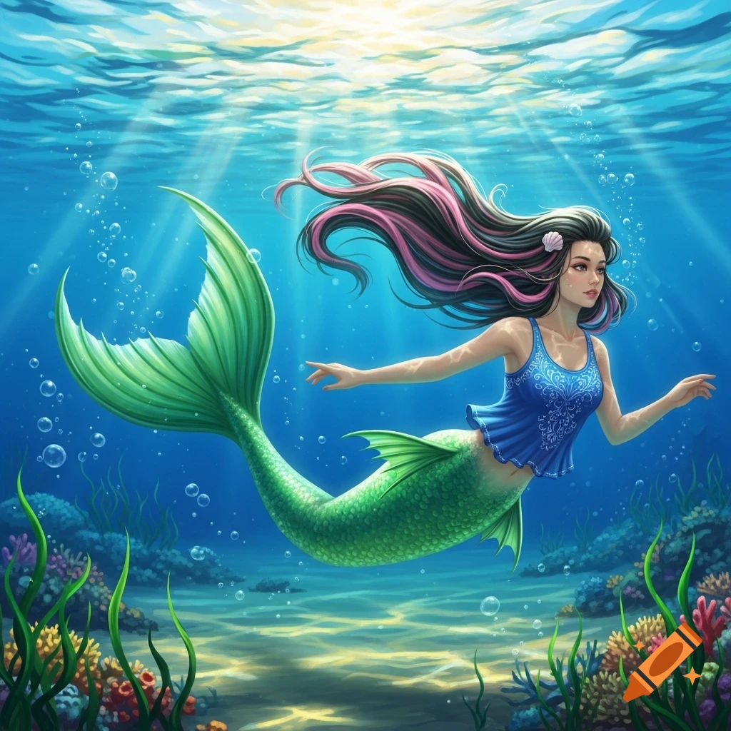 Vibrant illustration of a pretty mermaid with black and pink hair, blue top, and green scales, swimming gracefully underwater.