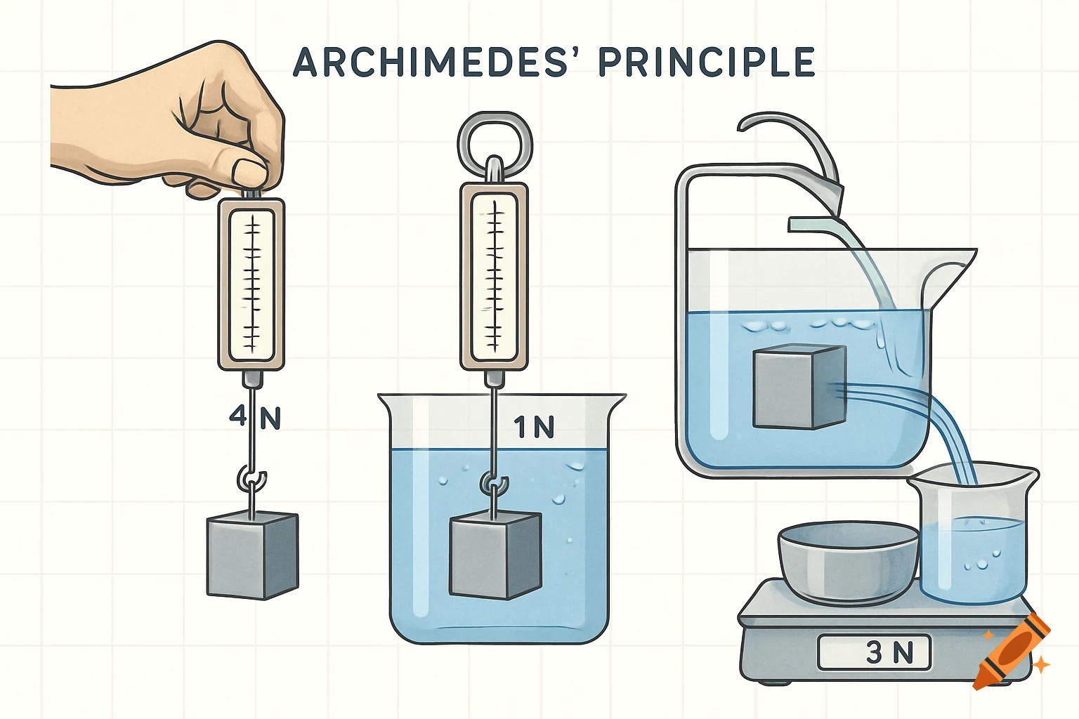 Illustration of Archimedes' Principle showing a spring scale measuring an object at 4N, then 1N submerged, and displaced water weighing 3N.