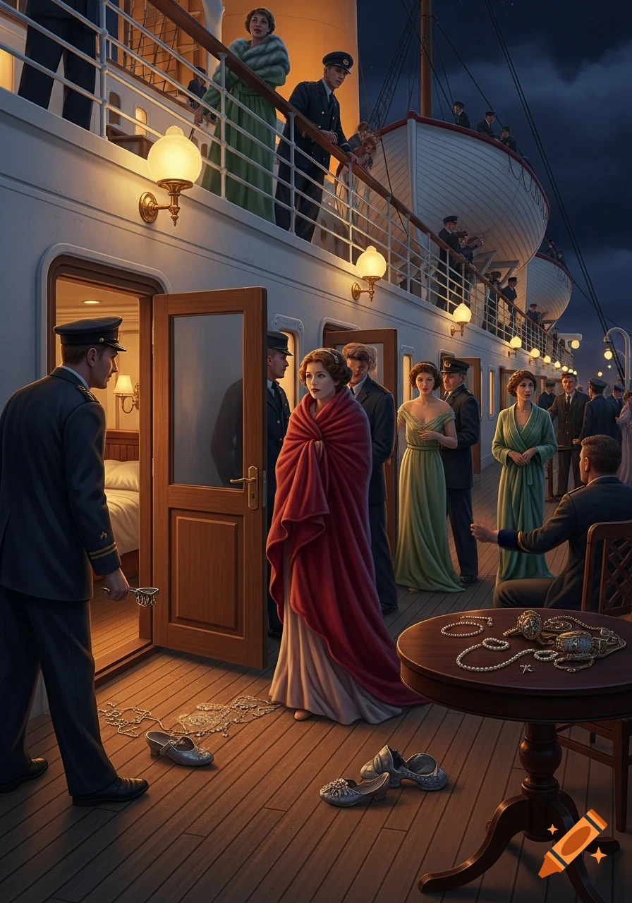 A woman wrapped in a red blanket stands outside an open cabin door on a ship's deck at night. Pearls and silver shoes are on the wooden floor, and passengers gather nearby.
