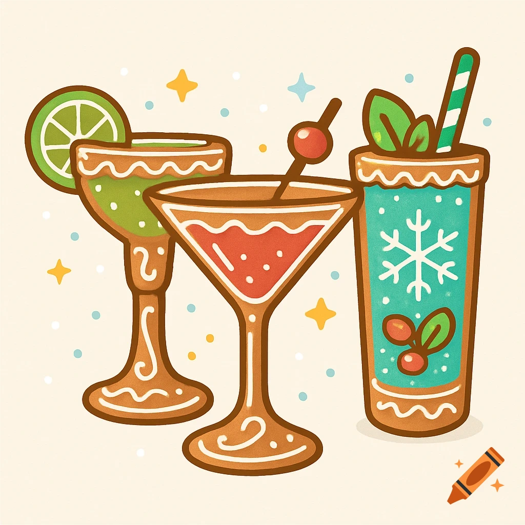 Cute vector illustration of three gingerbread cookie cocktail glasses with festive icing, lime, cherry, mint, and a snowflake.