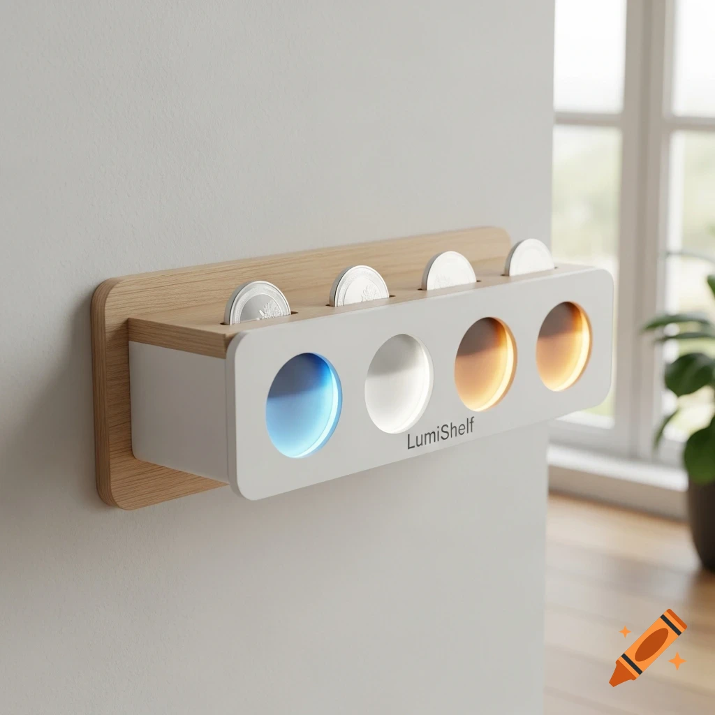 A modern wall-mounted LumiShelf with four circular slots, one glowing blue, one white, and two amber, with three silver coin-like tokens atop, in a bright, Scandinavian-style room.