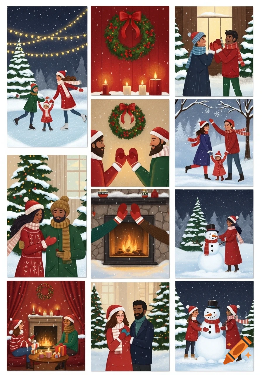 A grid of nine festive Christmas illustrations showing diverse people ice skating, building snowmen, and celebrating in snowy outdoor and cozy indoor settings.