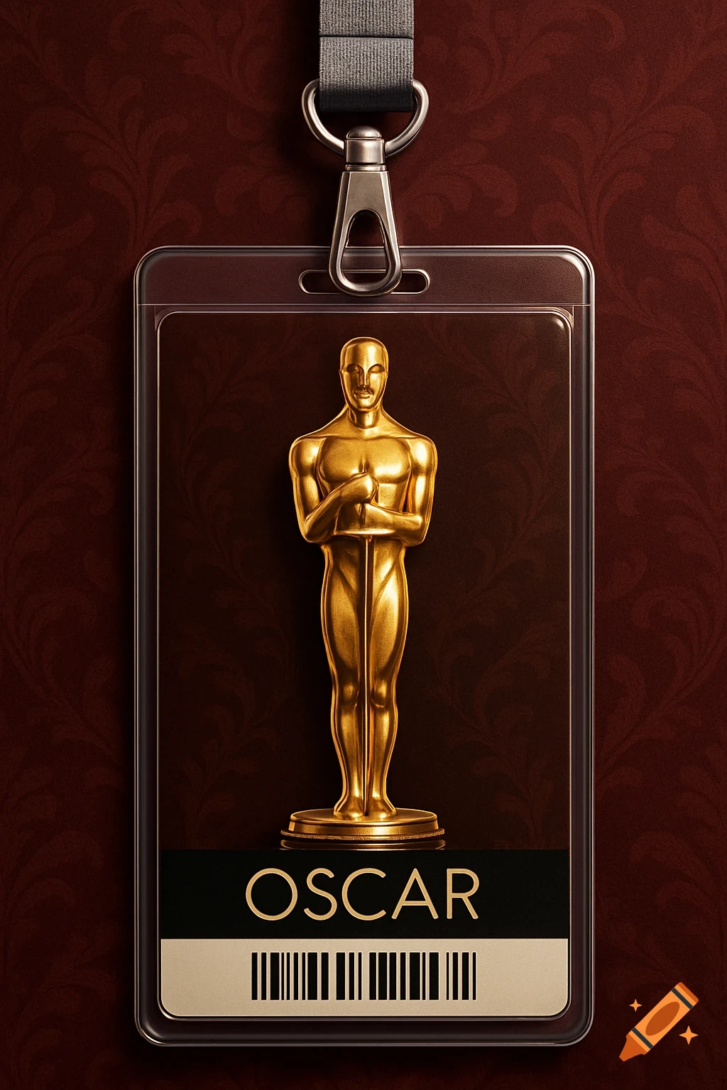 Golden Oscar statue depicted on an identity badge, hanging from a grey lanyard against a patterned red background.