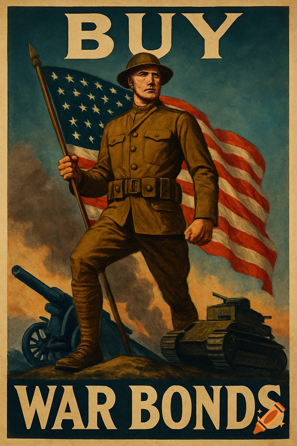 A WWI U.S. propaganda poster with a soldier holding an American flag, a cannon, and a tank. Text: BUY WAR BONDS.
