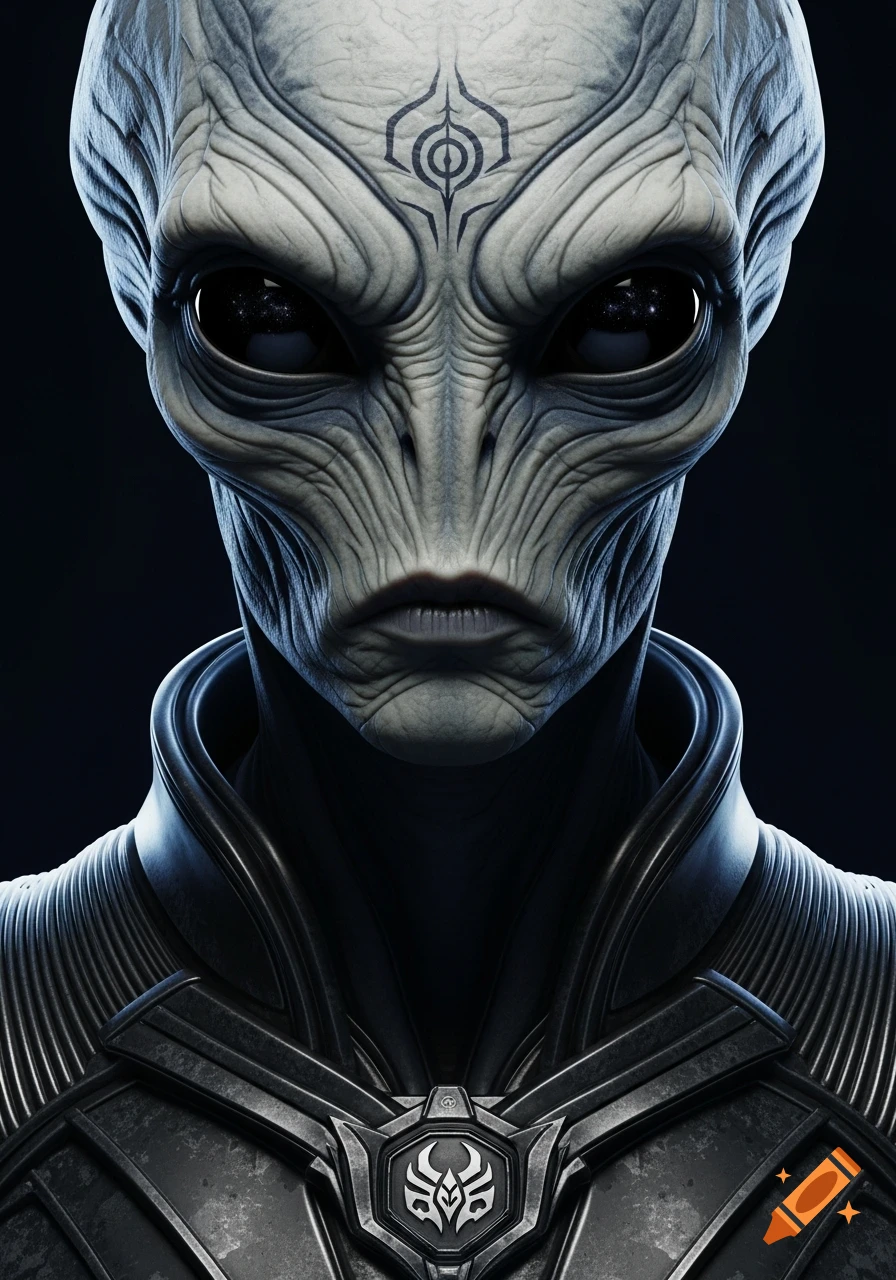 Close-up, hyper-detailed portrait of a grey alien with large dark eyes, textured skin, and a symbol on its forehead, wearing futuristic armor. Photorealistic style.
