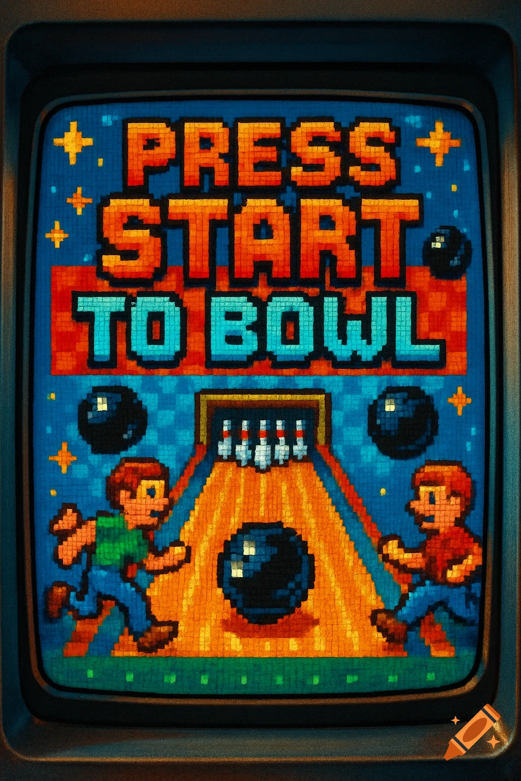 A pixelated 8-bit style bowling video game start screen on a CRT monitor, displaying 'PRESS START TO BOWL'.