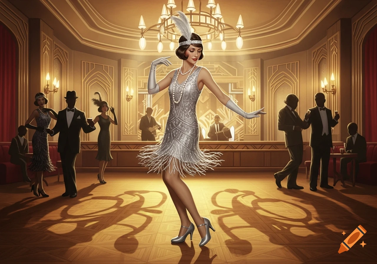 A flapper in a sparkling silver dress dances in an opulent Art Deco ballroom, with other guests in the background.