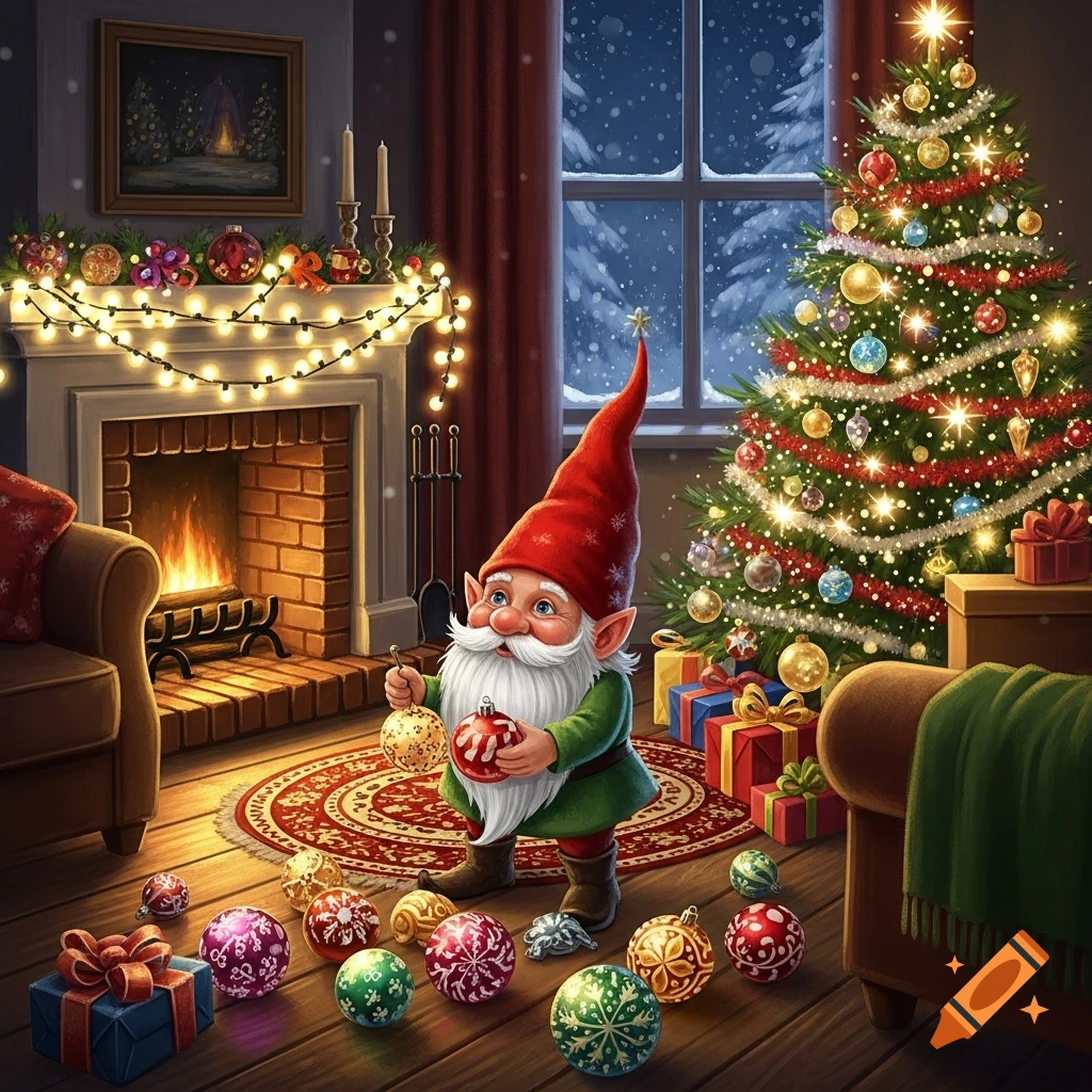 A whimsical illustration shows a cheerful gnome decorating a brightly lit Christmas tree in a cozy living room with a fireplace and snowy window.