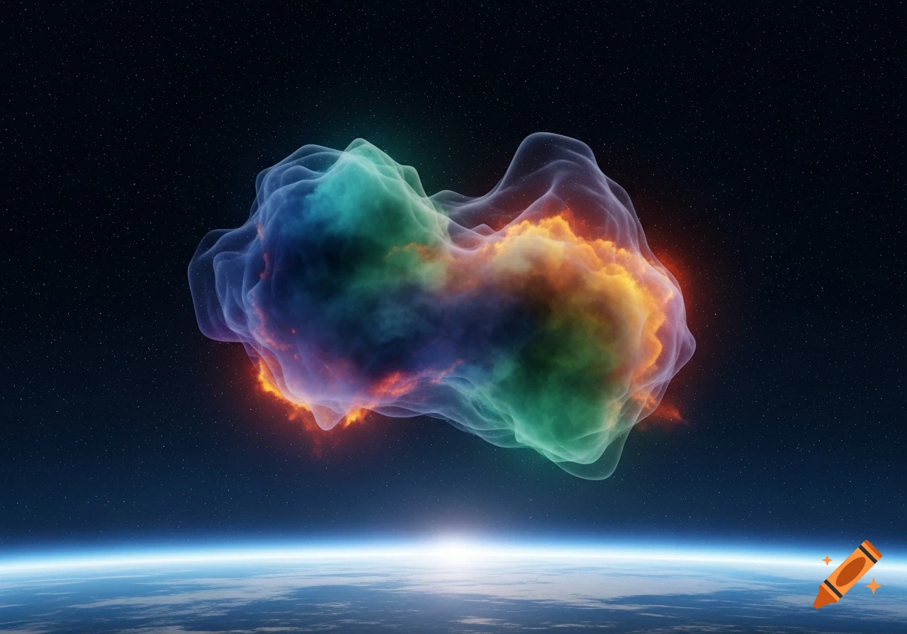 A colorful, ethereal nebula floats in space above a planet's horizon, with stars in the background.